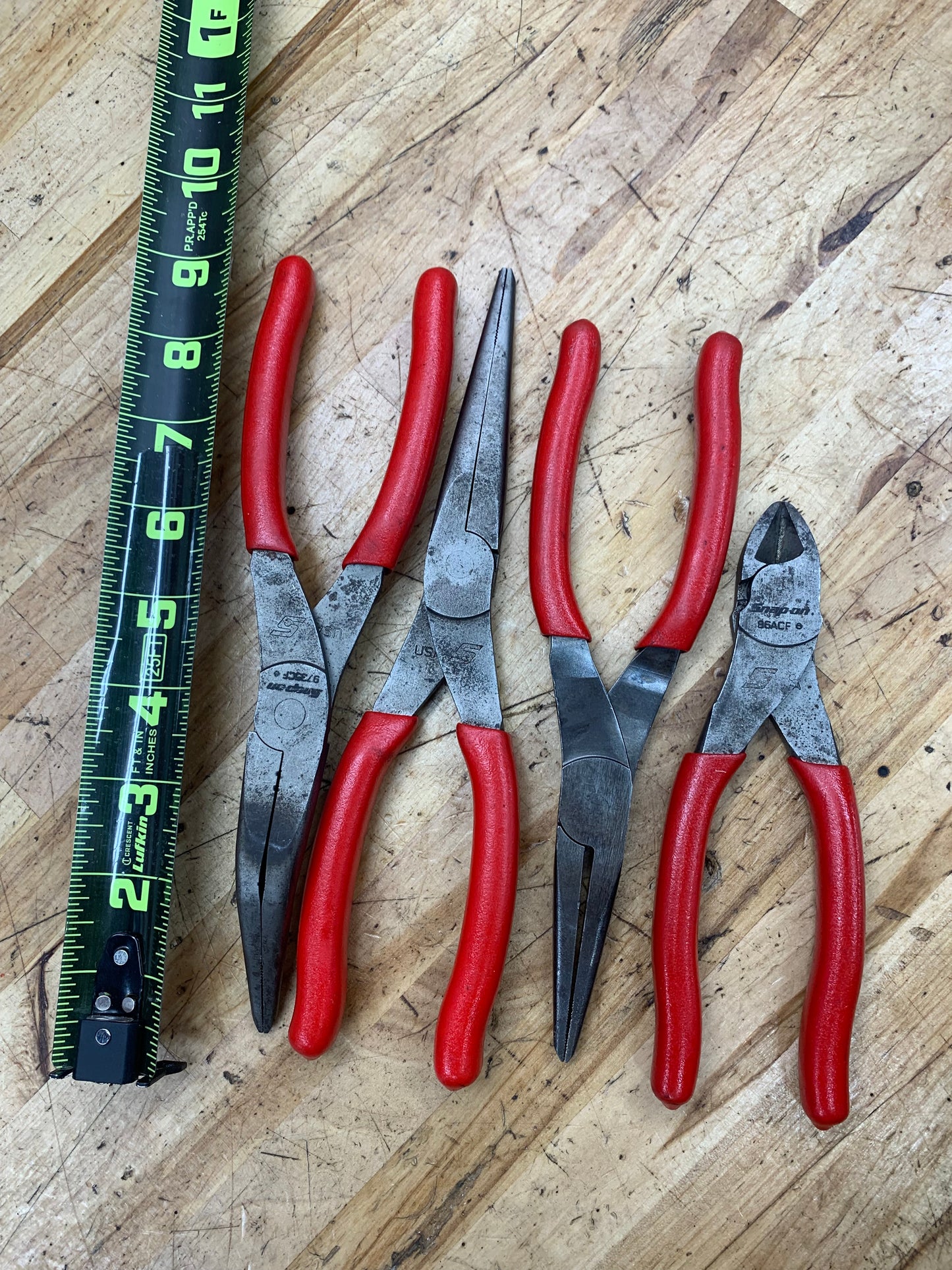 Snap On 4 pc Plier Set: Bent, Needlenose, Side Cutters