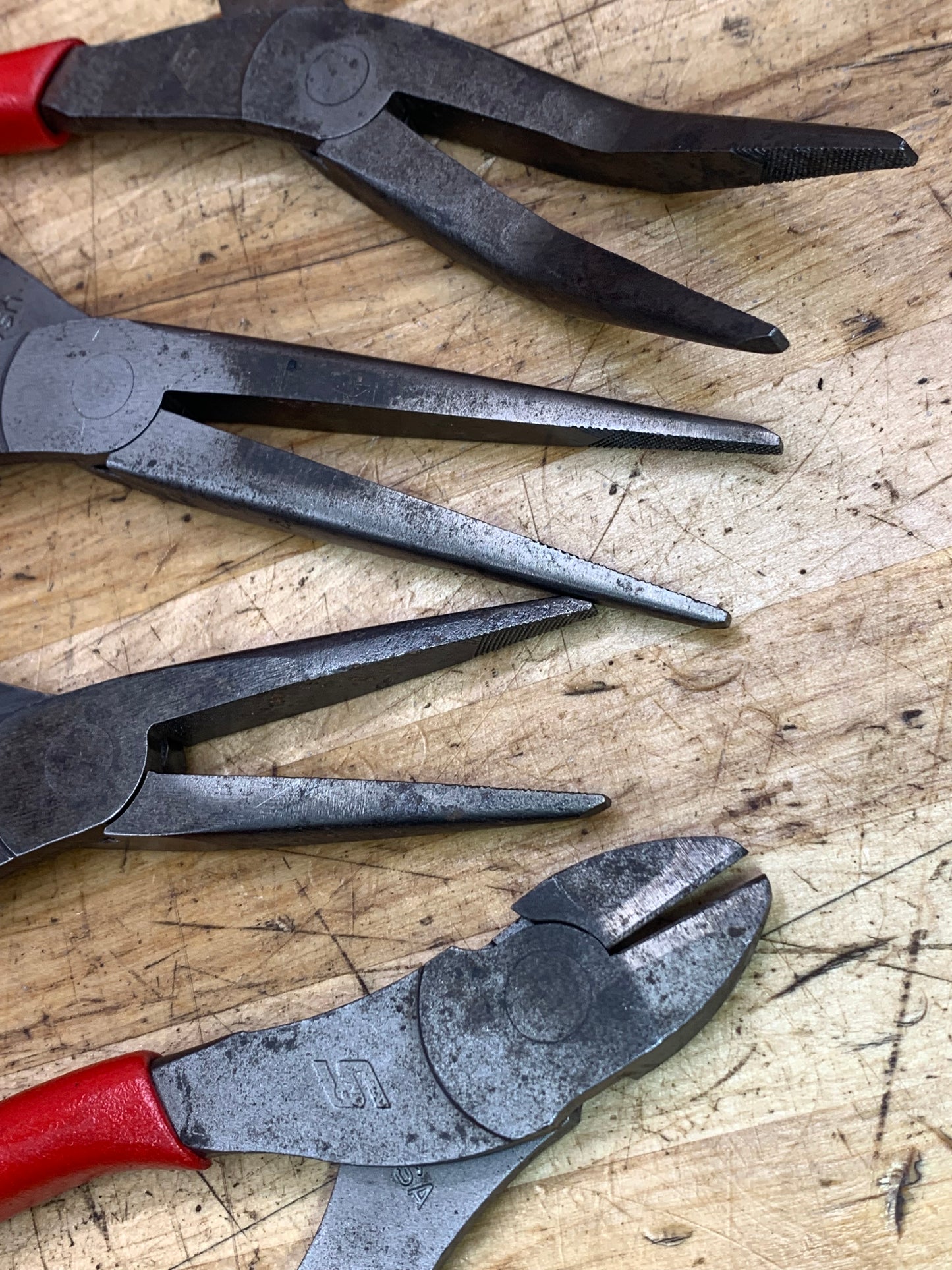 Snap On 4 pc Plier Set: Bent, Needlenose, Side Cutters