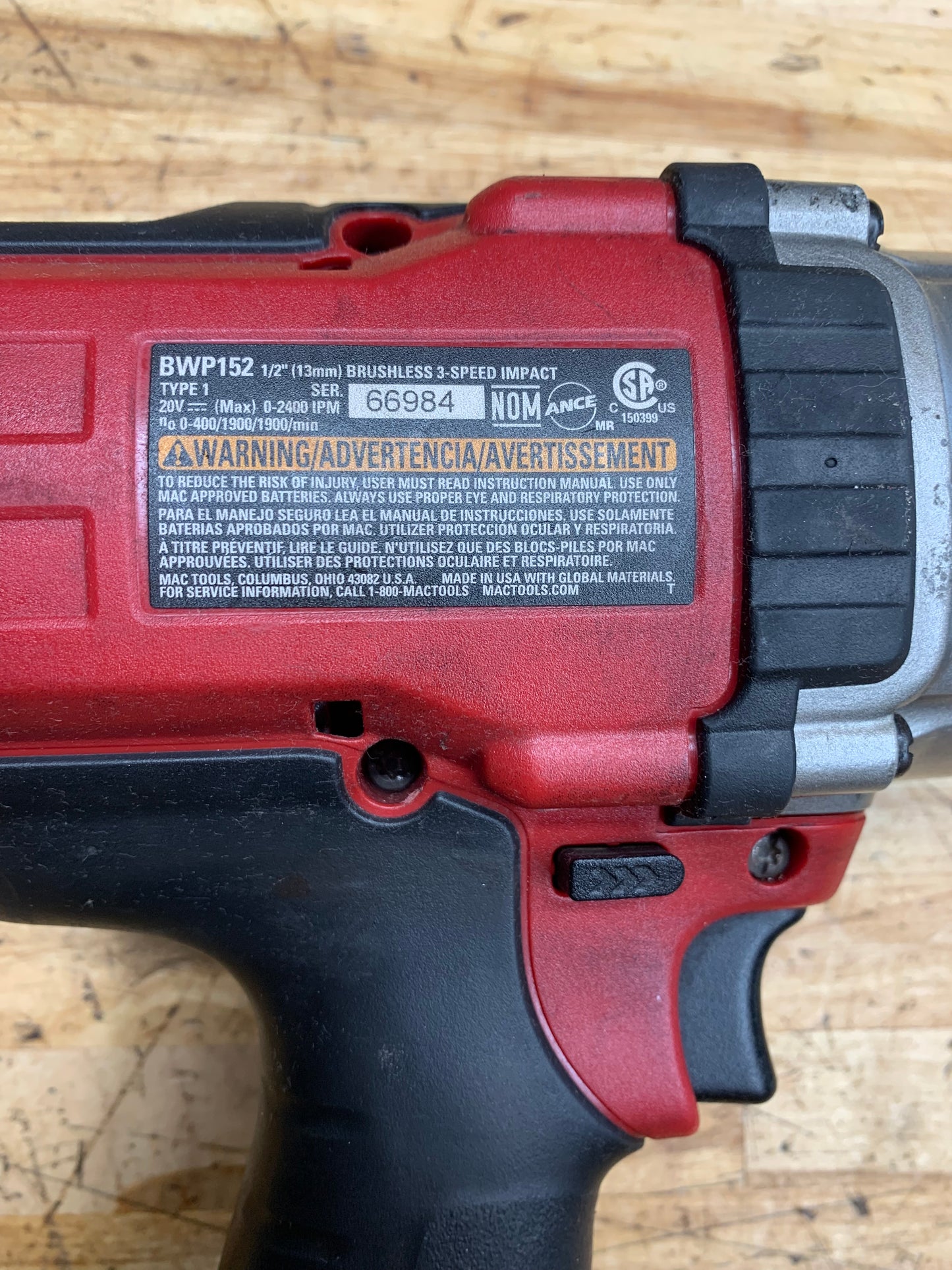 Mac Tools 1/2” Brushless Impact 20v WITH BATTERY BWP152