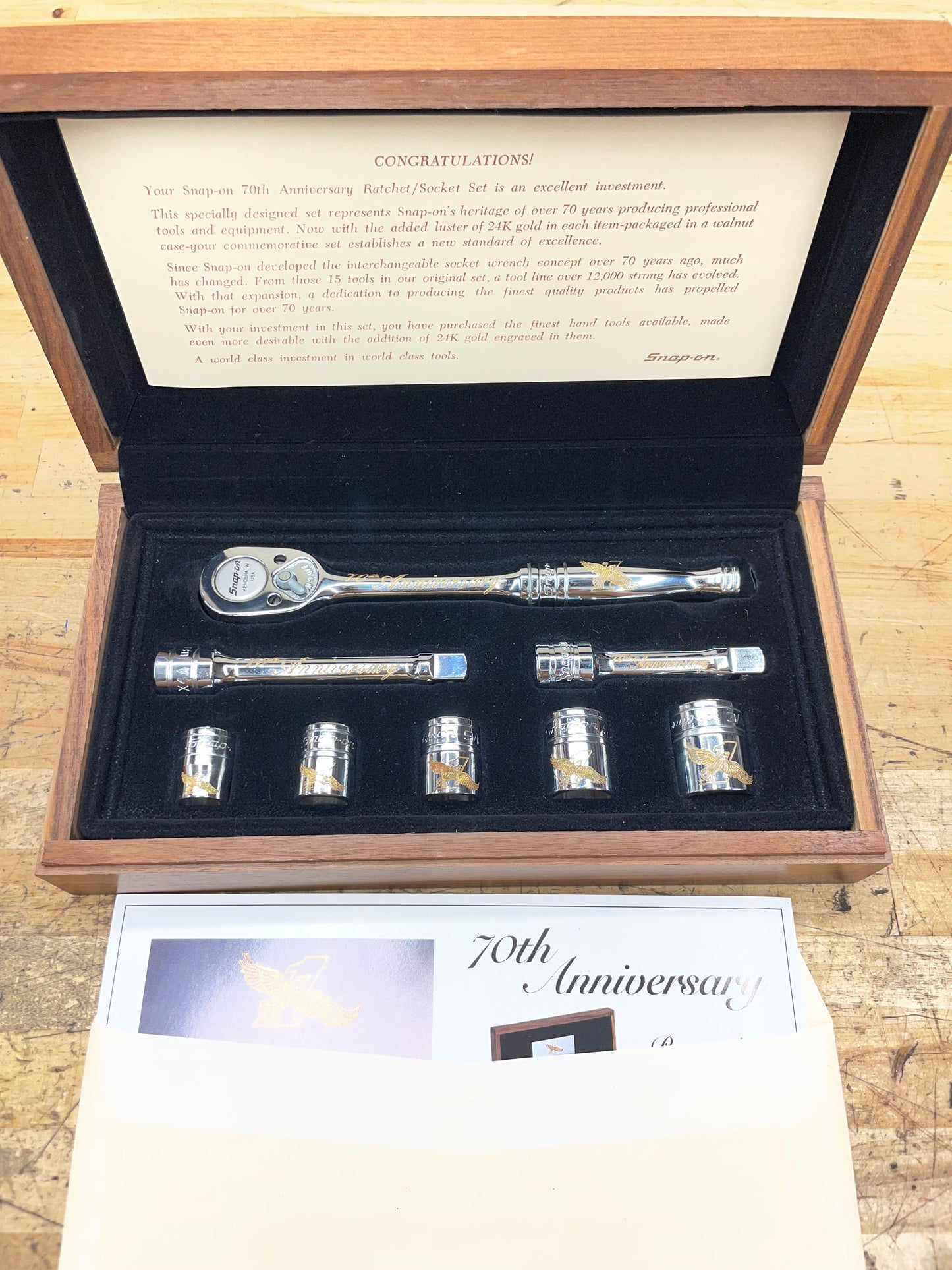 Snap On 70th Anniversary Edition 1990 24K Gold Engraved SAE Socket/Ratchet Set USA