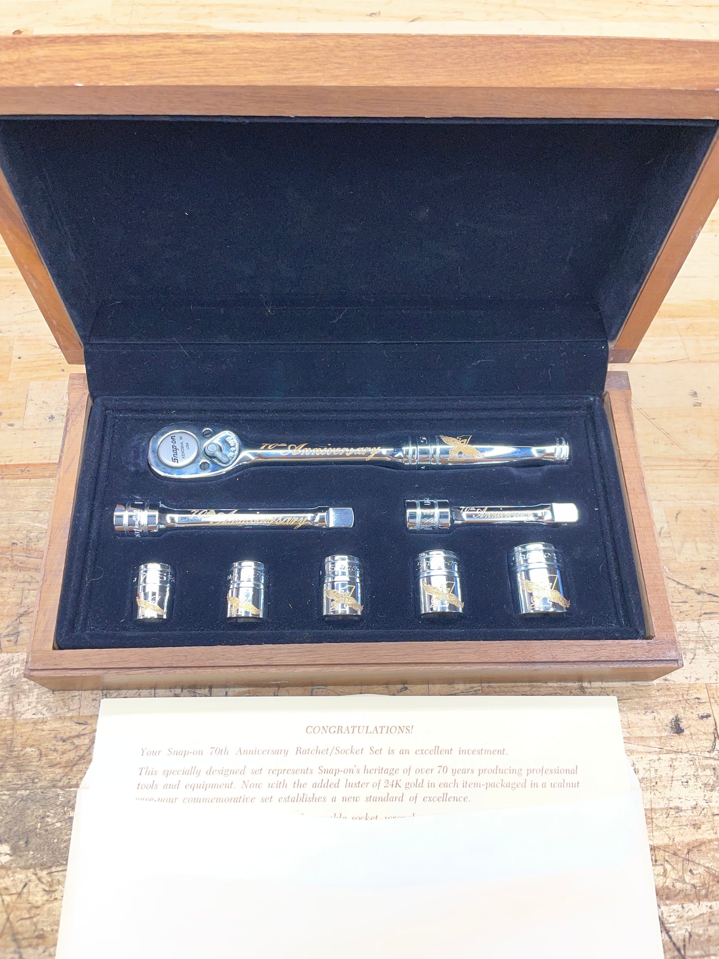 Snap On 70th Anniversary Edition 1990 24K Gold Engraved SAE Socket/Ratchet Set USA