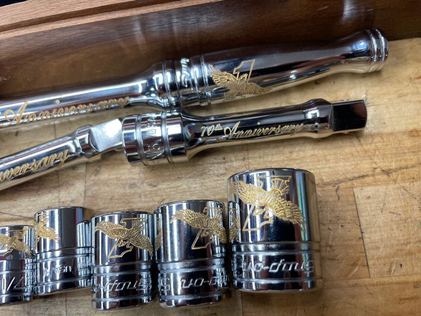 Snap On 70th Anniversary Edition 1990 24K Gold Engraved SAE Socket/Ratchet Set USA