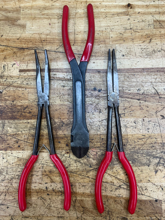 Mac Tools 3pc Long Plier Bundle: Duckbill, Bent Needle Nose, Side Cutters