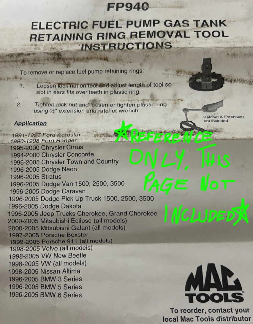 Mac Tools Fuel Pump Gas Tank Retaining Ring Removal Tool FP940