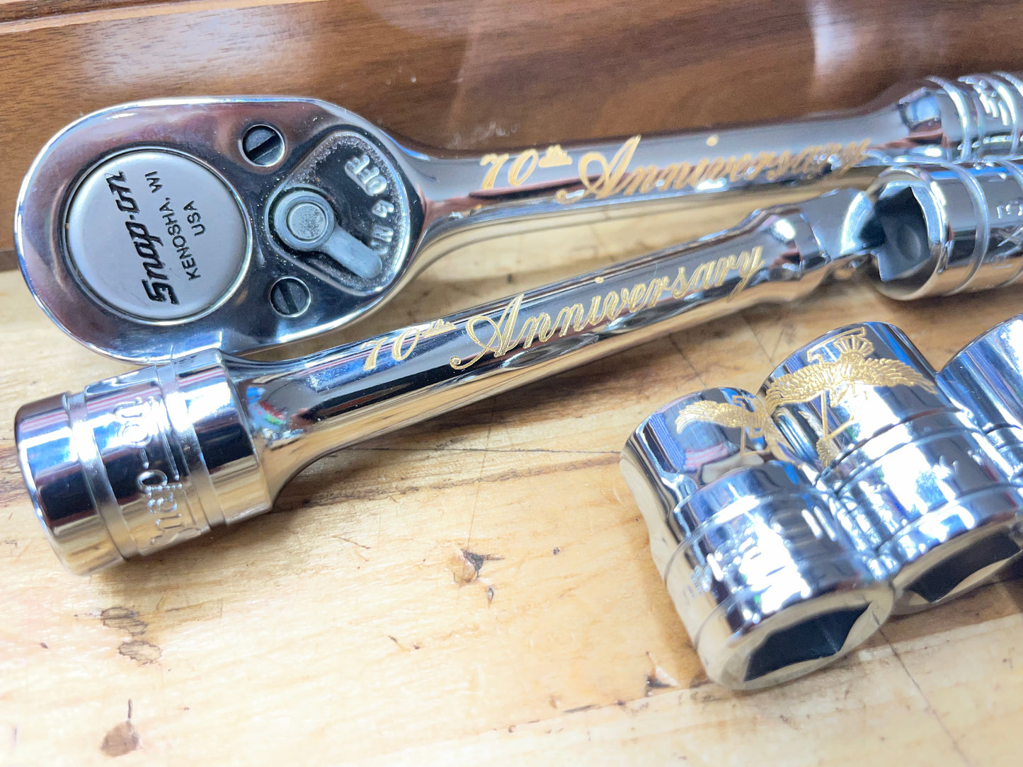 Snap On 70th Anniversary Edition 1990 24K Gold Engraved SAE Socket/Ratchet Set USA