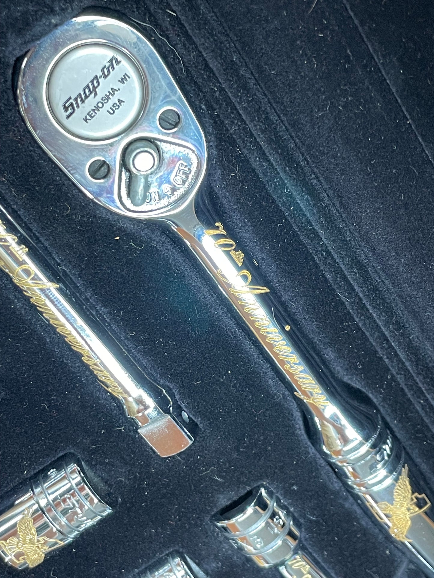 Snap On 70th Anniversary Edition 1990 24K Gold Engraved SAE Socket/Ratchet Set USA