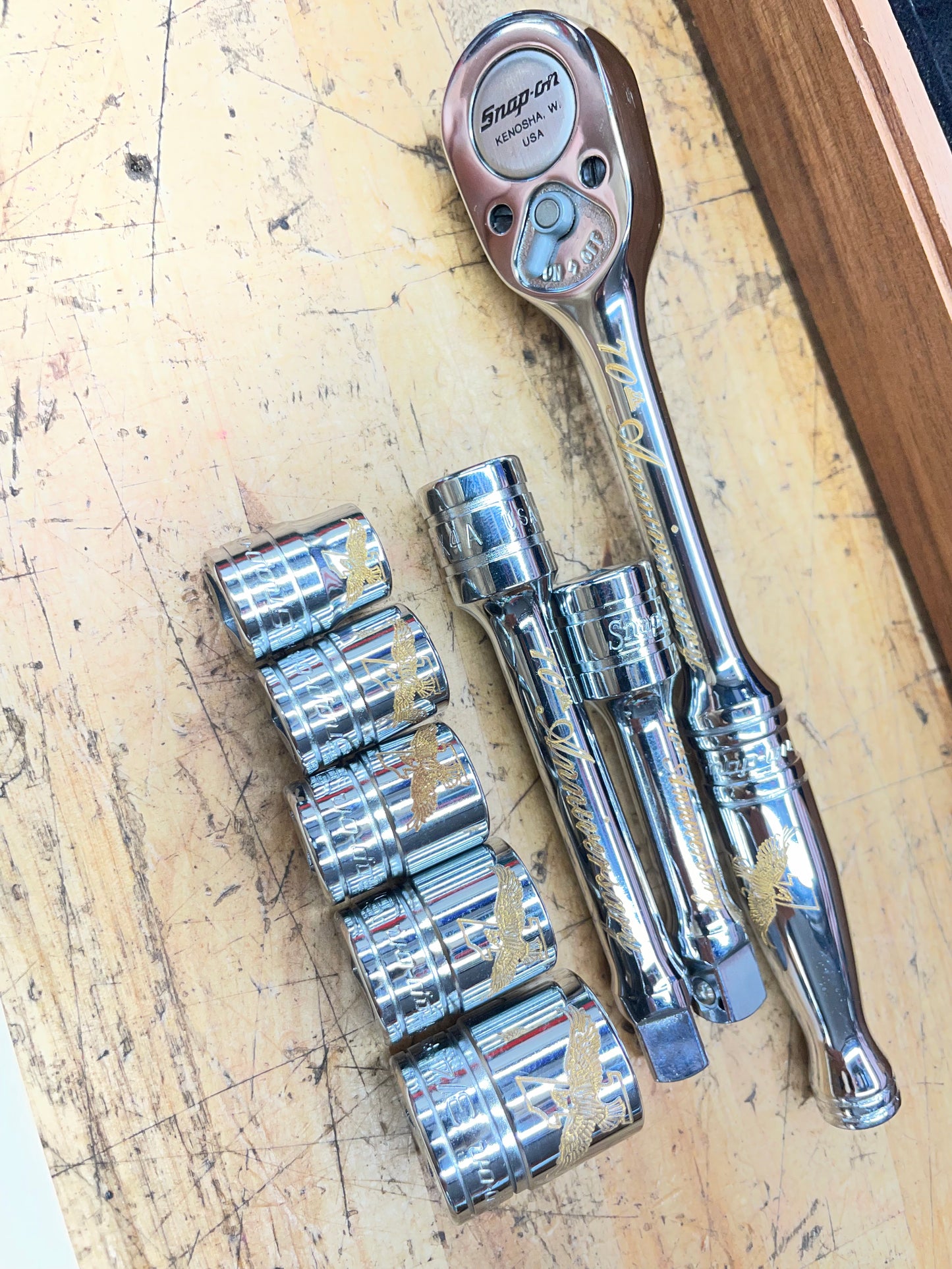 Snap On 70th Anniversary Edition 1990 24K Gold Engraved SAE Socket/Ratchet Set USA