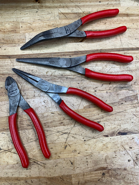 Snap On 4 pc Plier Set: Bent, Needlenose, Side Cutters