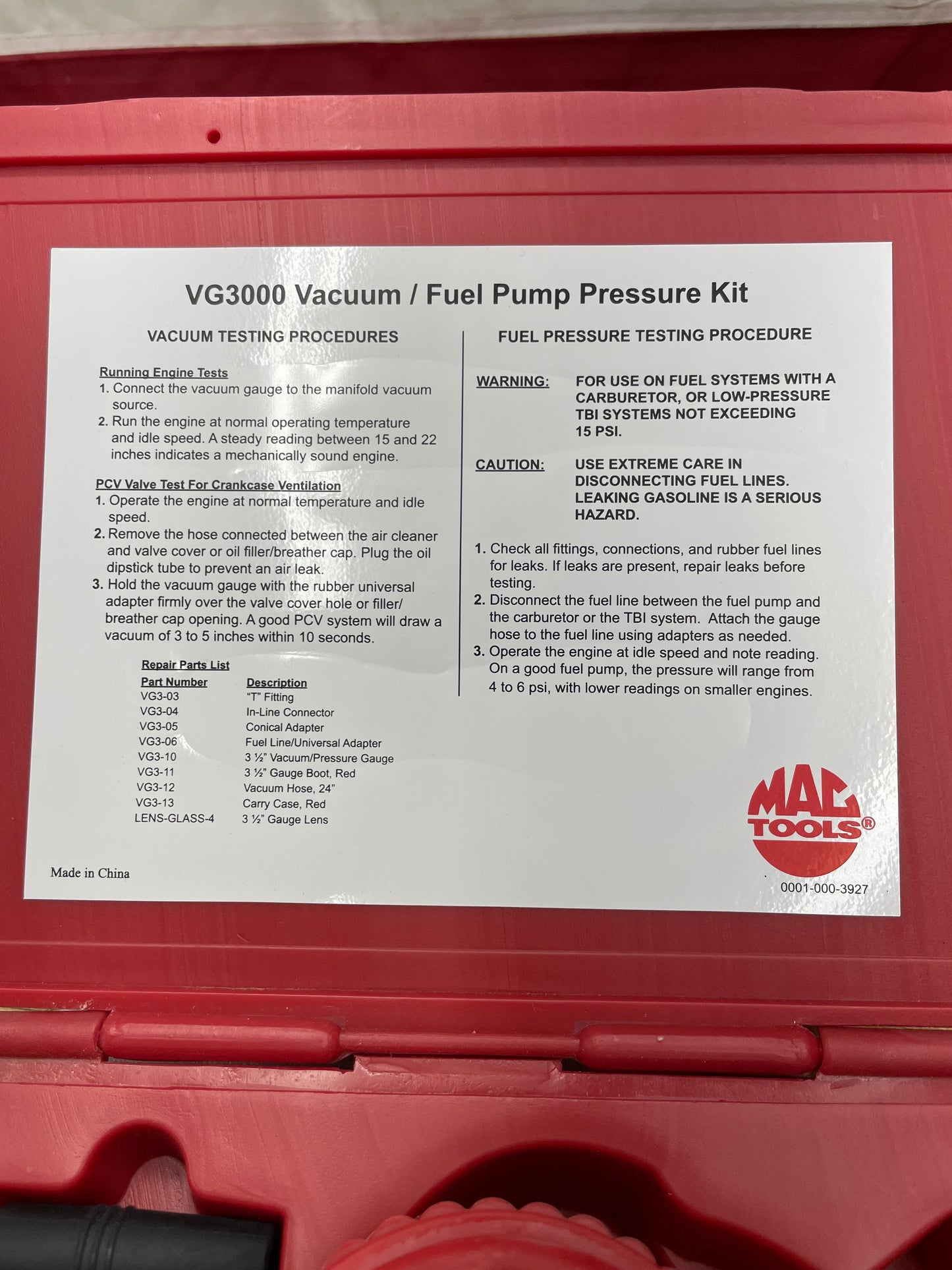 Mac Vacuum / Fuel Pressure Gauge VG3000