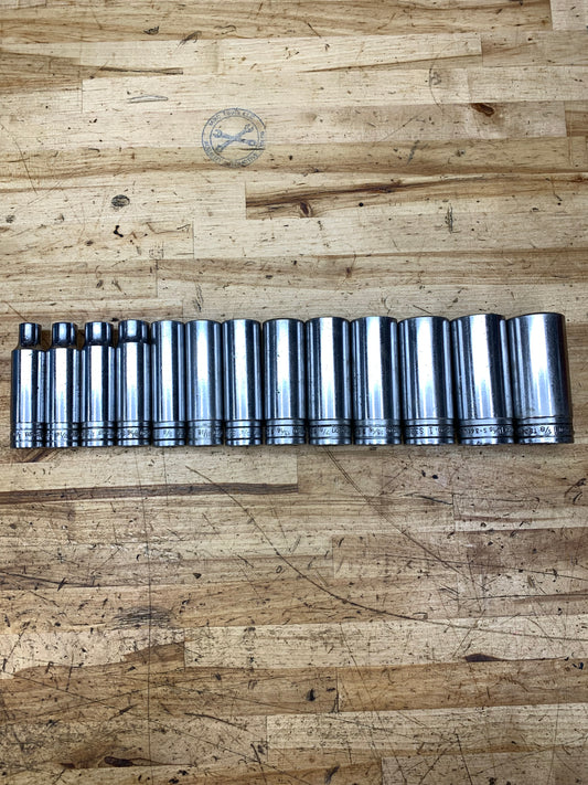 Snap On 1/2” SAE Deep Socket Set 13pc USA 313TSY