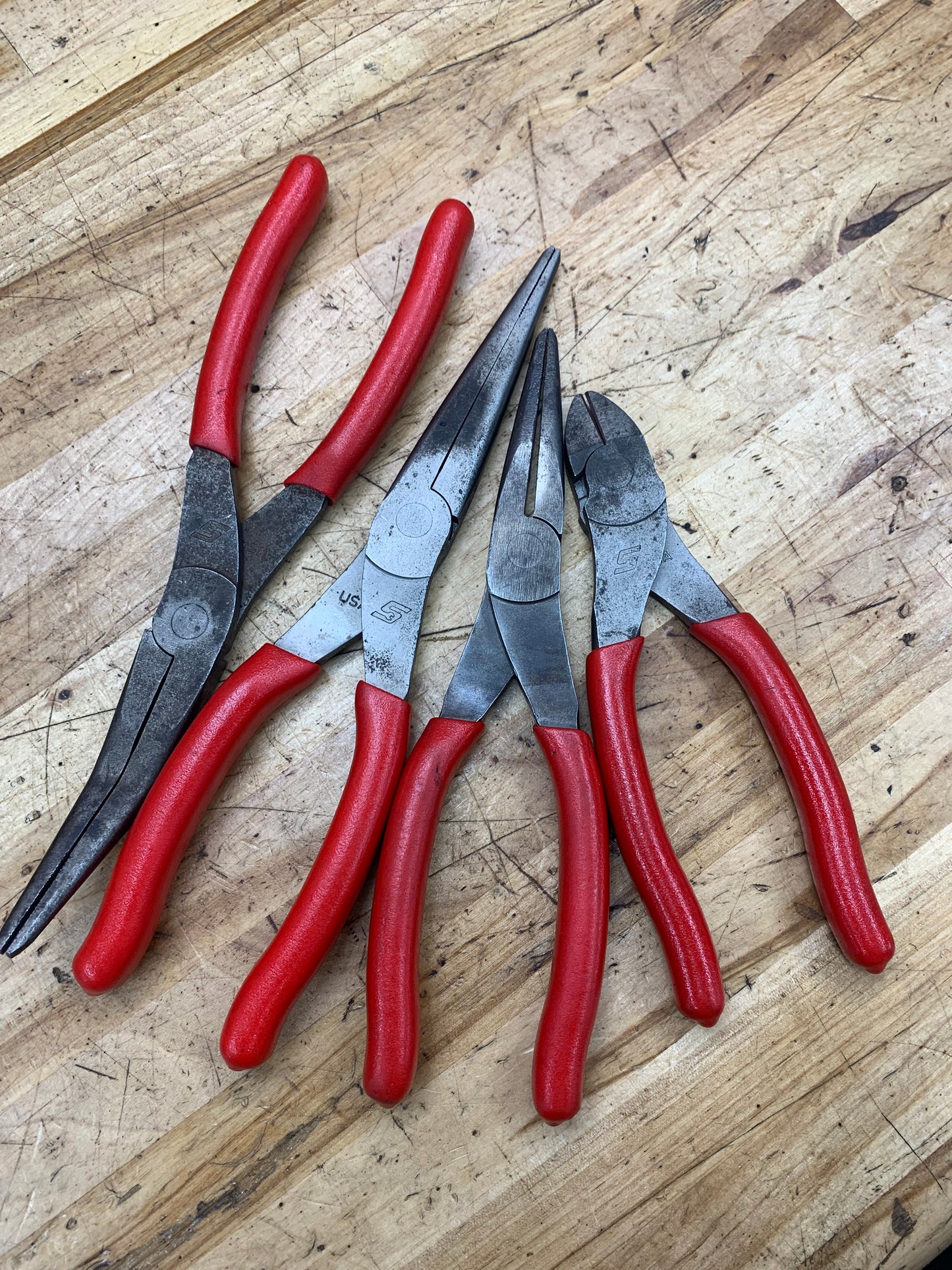 Snap On 4 pc Plier Set: Bent, Needlenose, Side Cutters