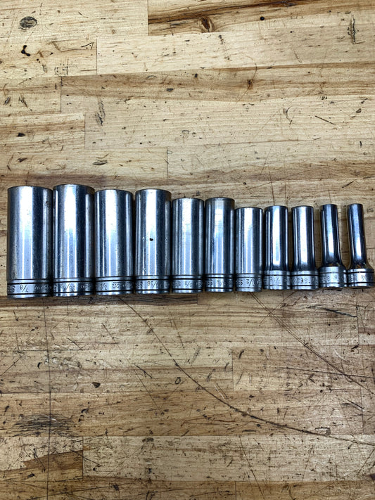 Snap On 3/8” SAE Deep Socket Set 11pc 1/4"-7/8" USA 211SFSY
