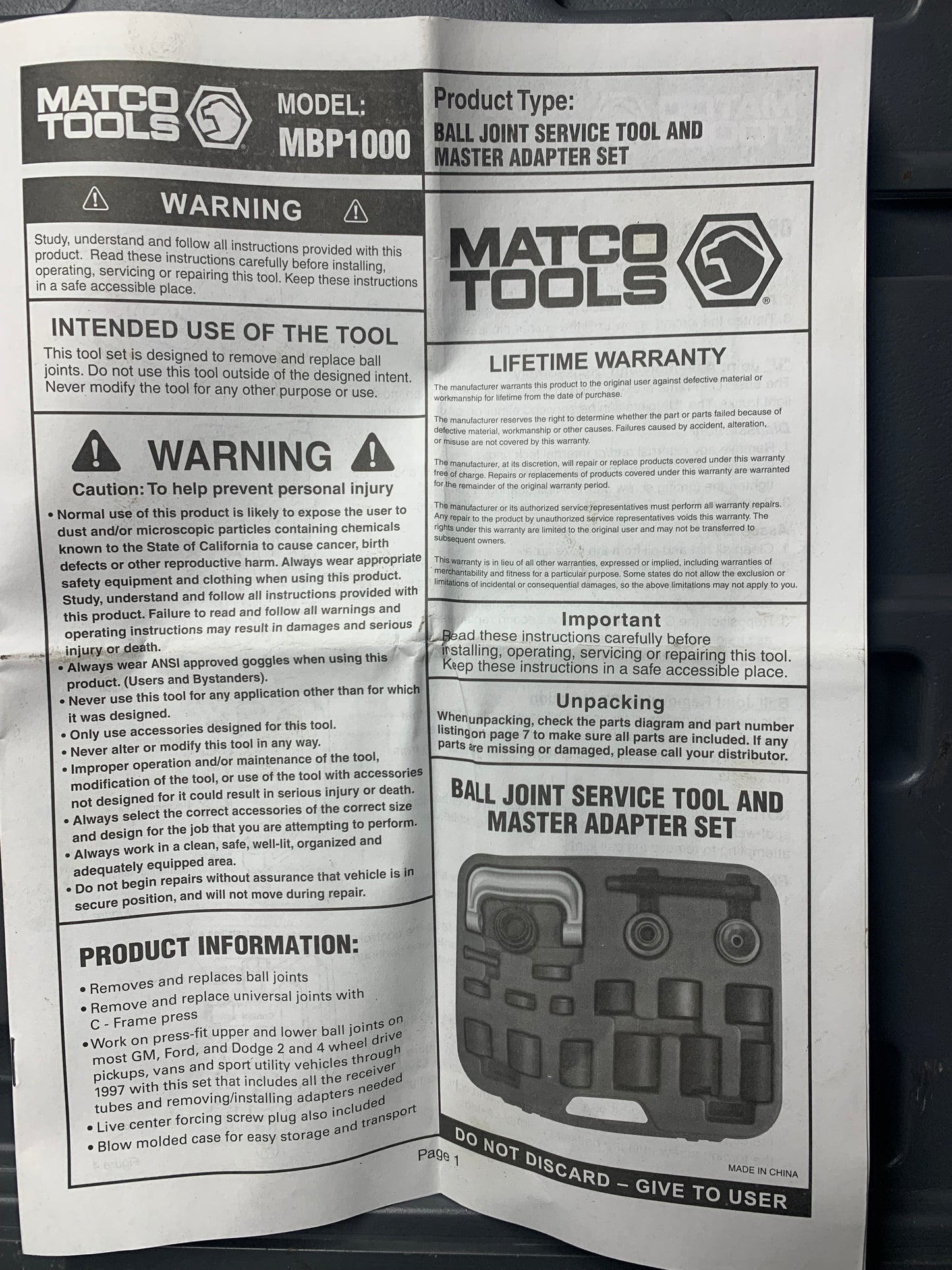 Matco Master Ball Joint/Adapter Service Kit MBP1000