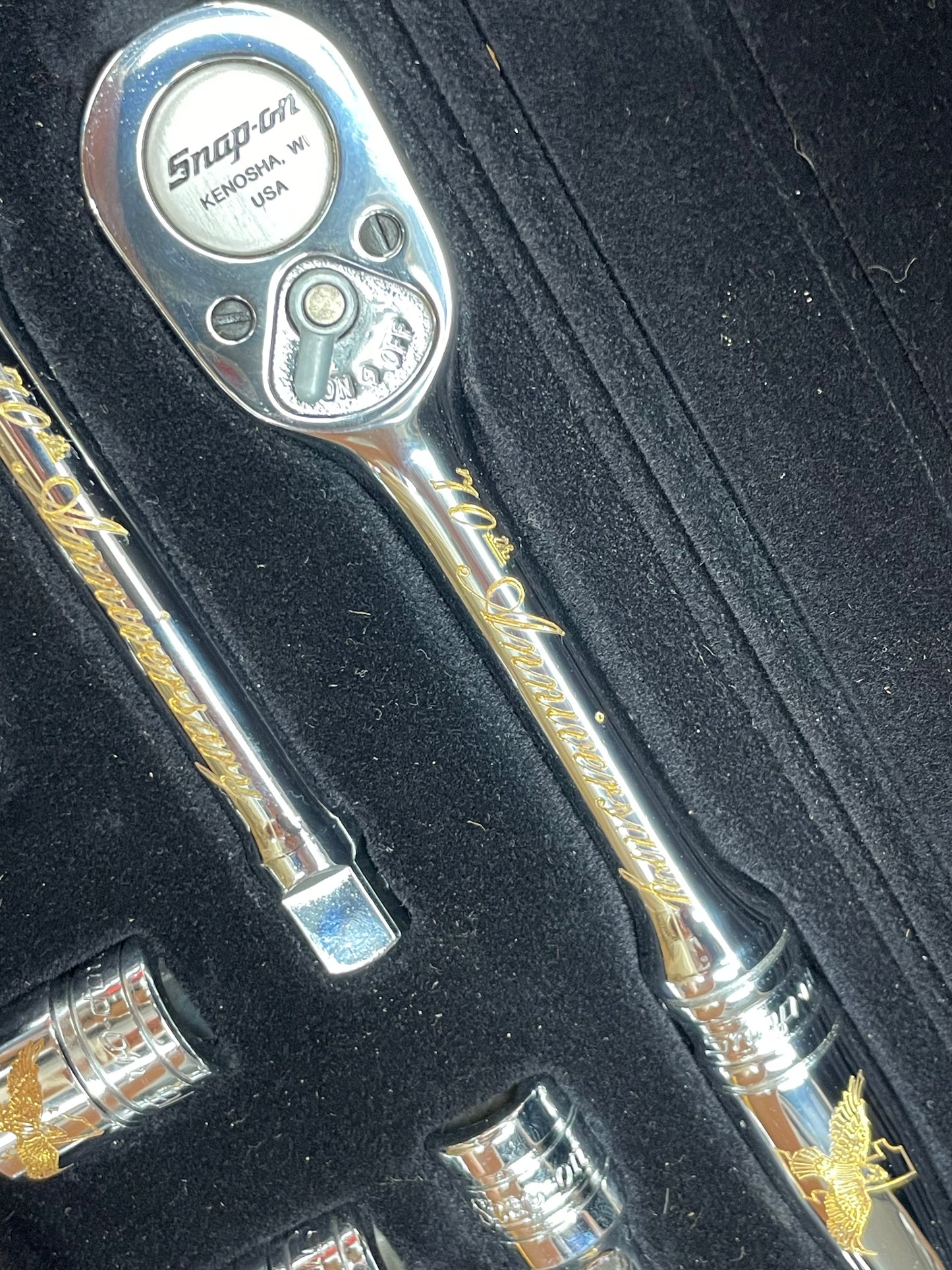 Snap On 70th Anniversary Edition 1990 24K Gold Engraved SAE Socket/Ratchet Set USA