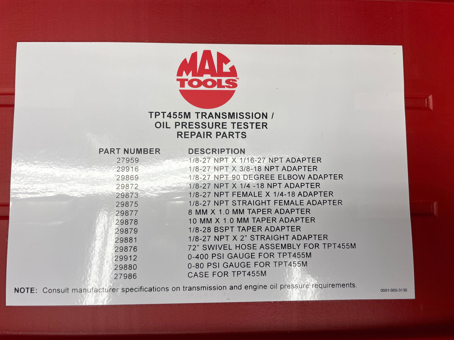 Mac Transmission / Oil Pressure Tester LIKE NEW TPT455M