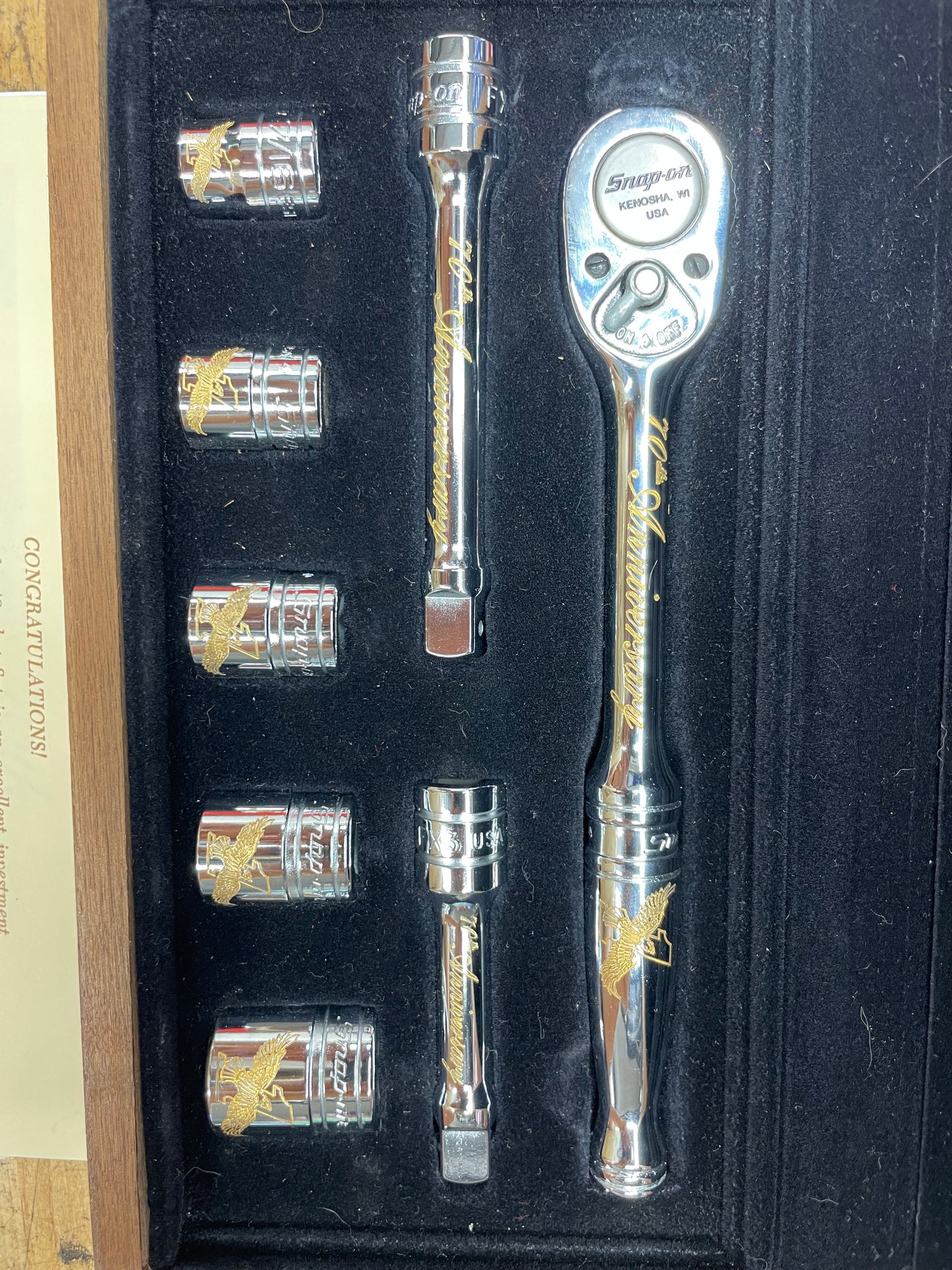 Snap On 70th Anniversary Edition 1990 24K Gold Engraved SAE Socket/Ratchet Set USA
