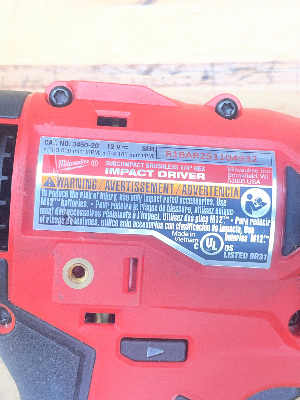 Milwaukee M12 1/4" Internal Hex Bit Impact Driver Brushless 3450-20
