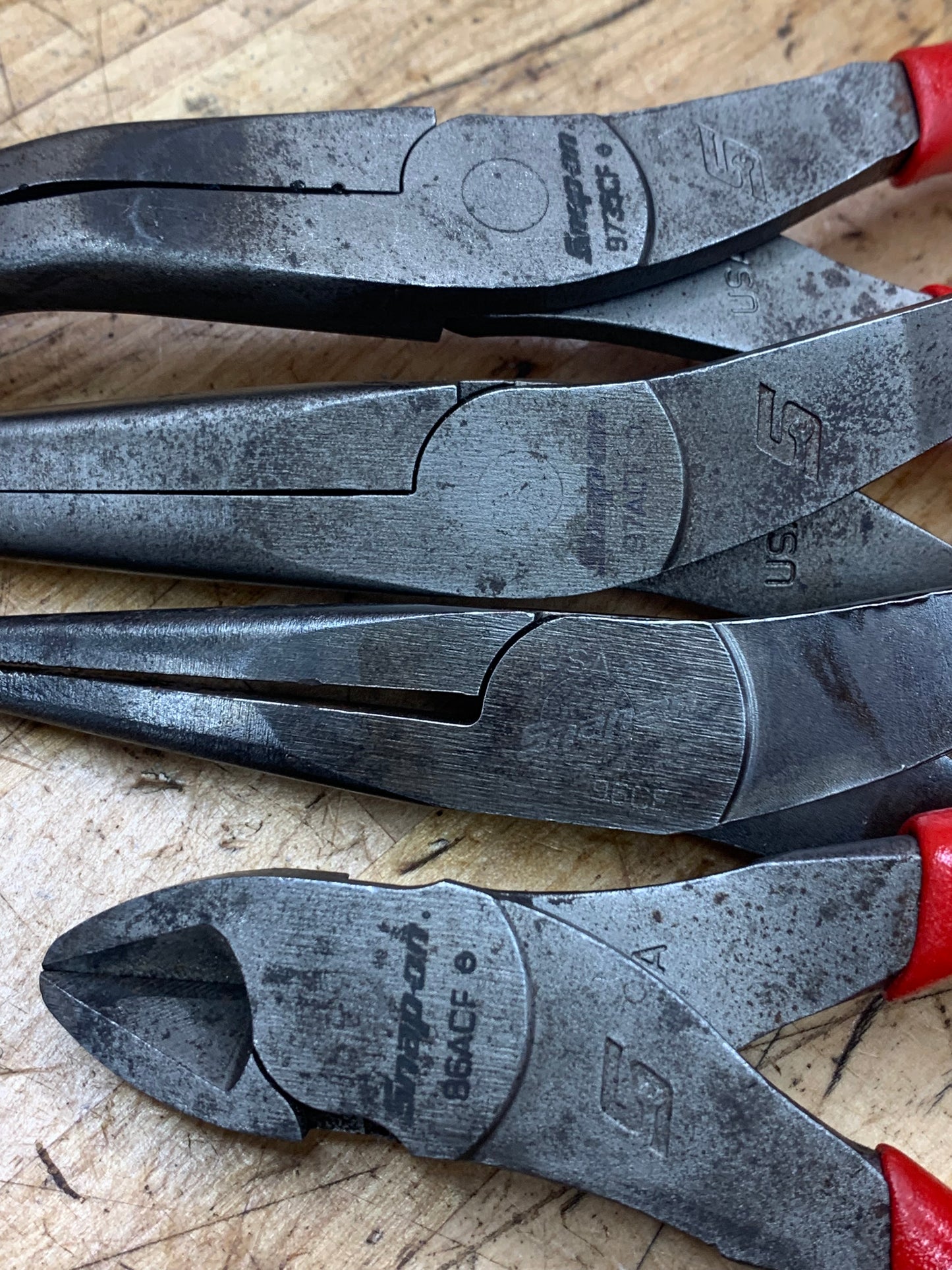 Snap On 4 pc Plier Set: Bent, Needlenose, Side Cutters