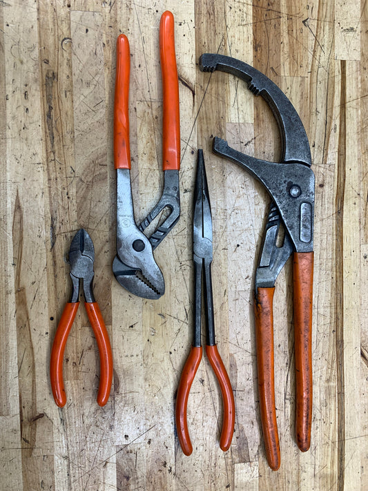 Cornwell 4pc Plier Set Oil Filter Plier Set, Needle Nose, Tongue Groove, Side Cutters