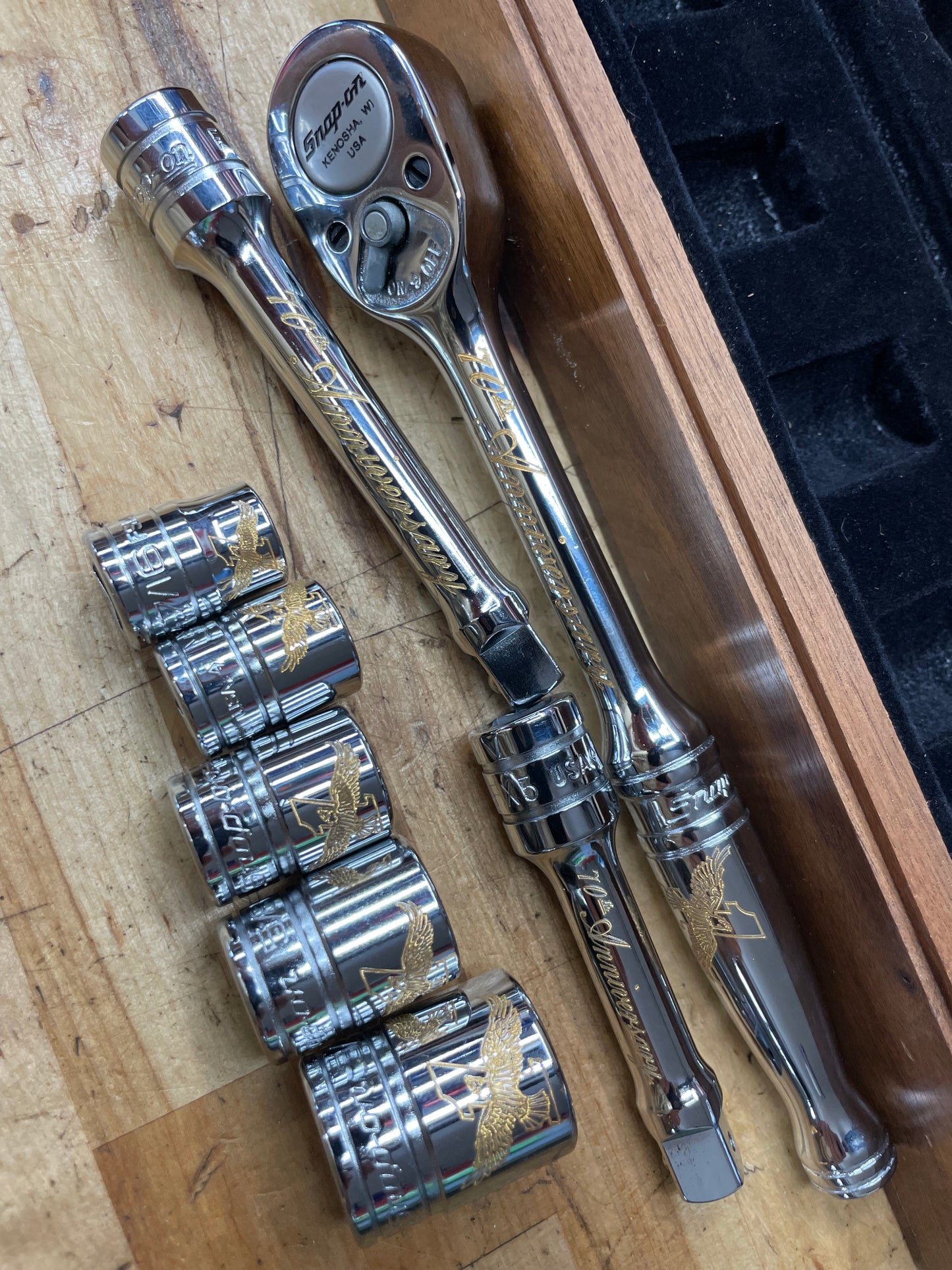 Snap On 70th Anniversary Edition 1990 24K Gold Engraved SAE Socket/Ratchet Set USA